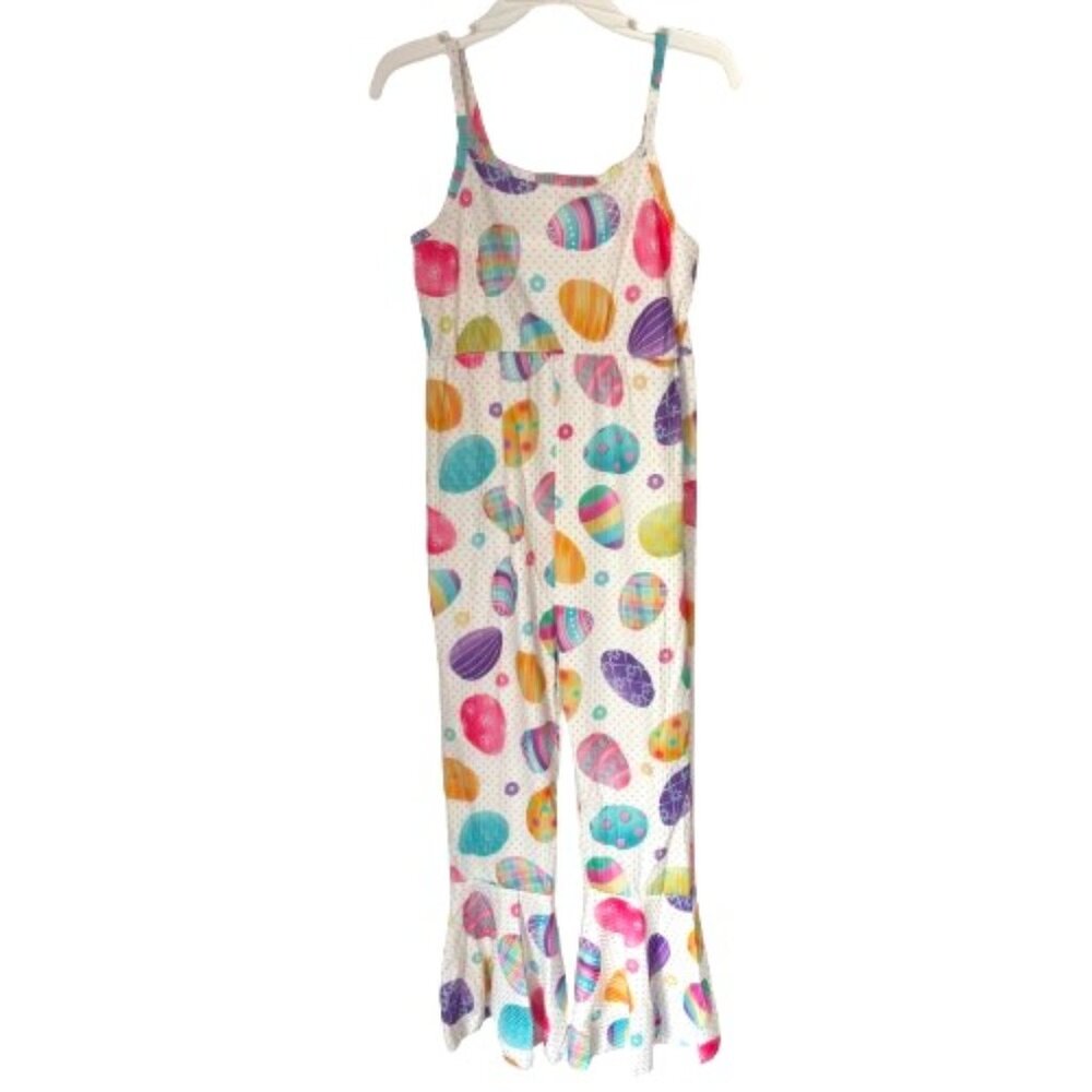 Girl's Summer Fun Eggs Print Cami Jumpsuit with Flared Legs Easter Day Size 4/5